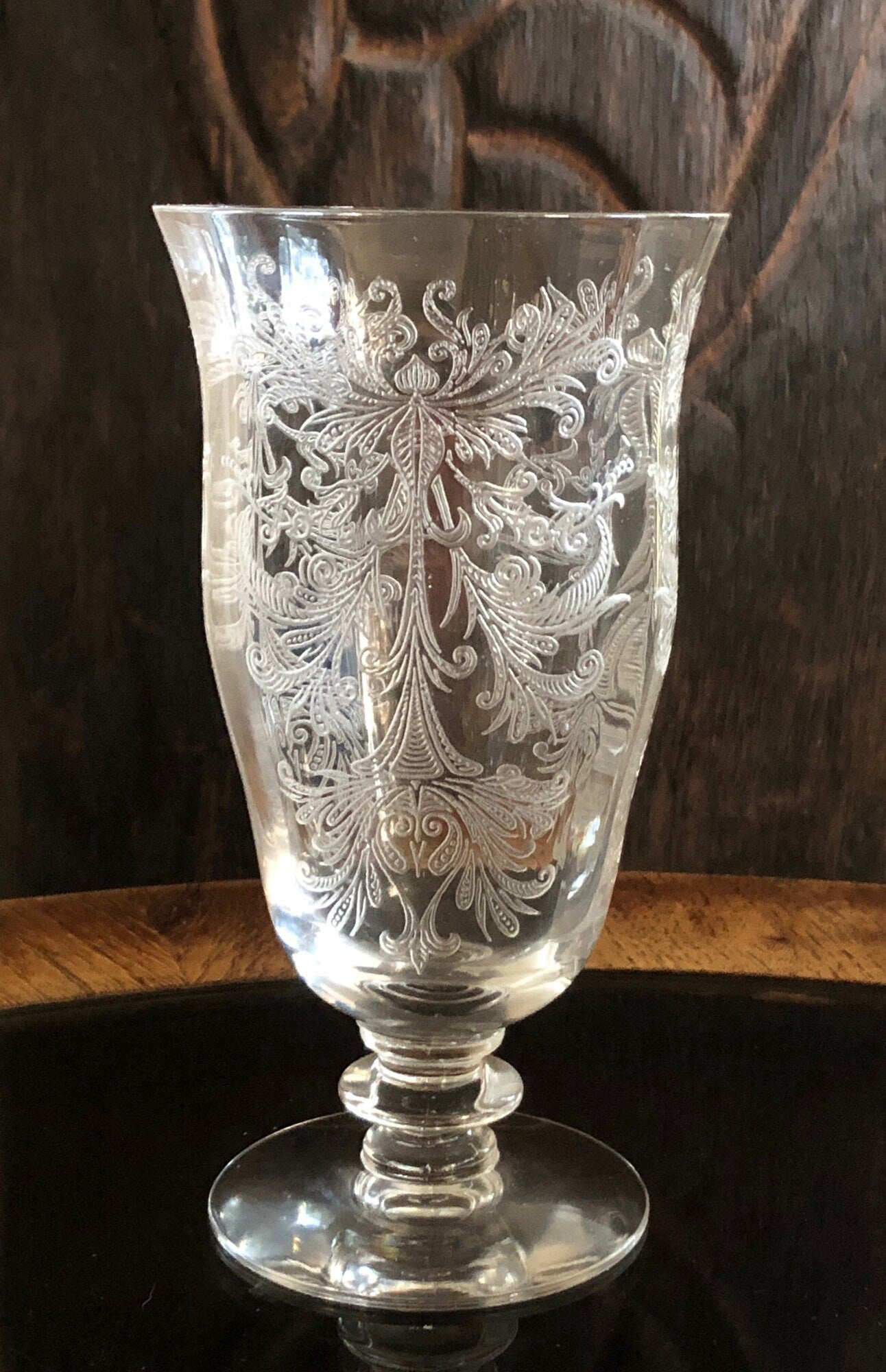 Juice / Water Glasses.  Tiffin's Byzantine  Pattern.  Five Small Etched Footed Tumblers.
