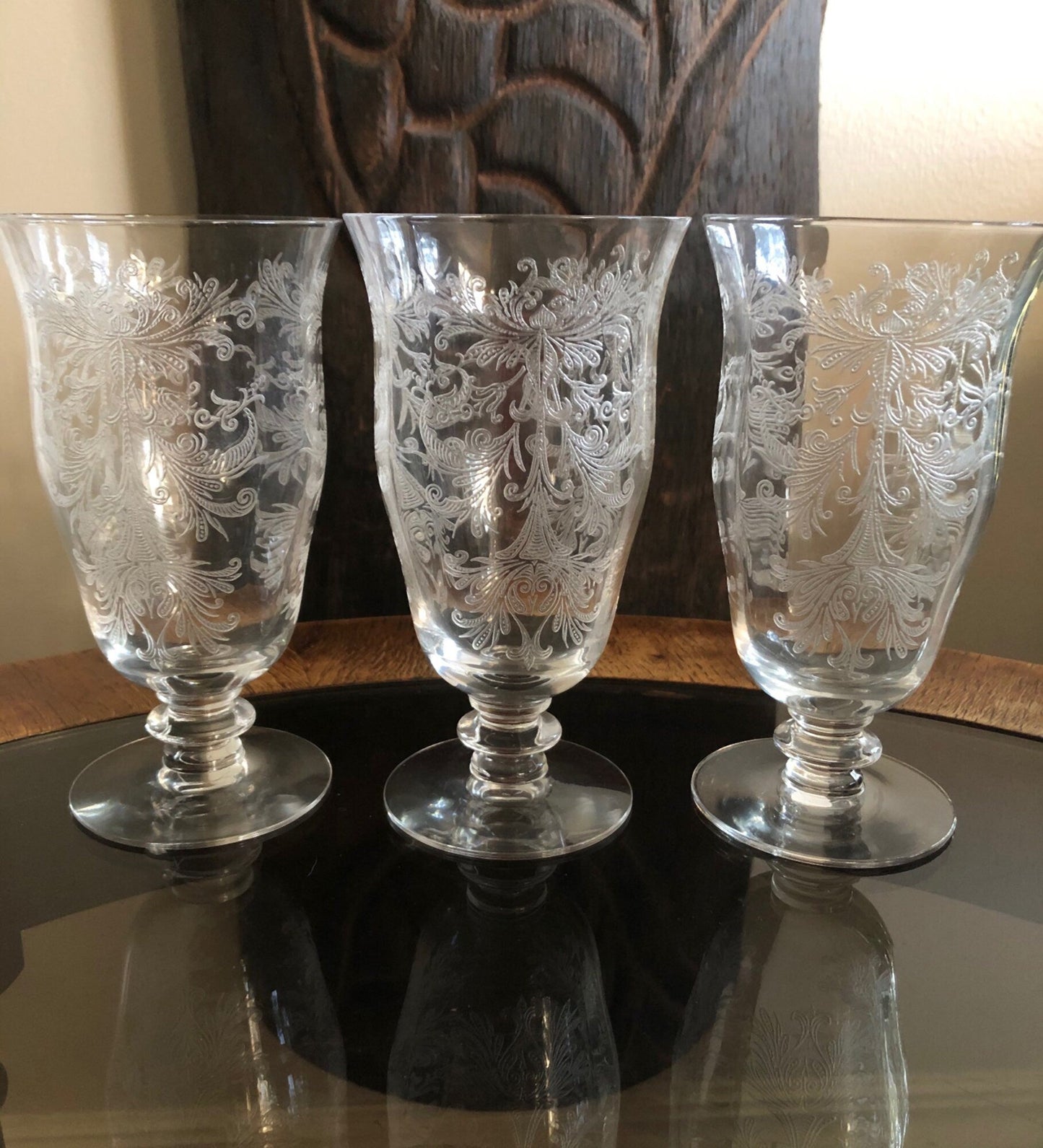 Juice / Water Glasses.  Tiffin's Byzantine  Pattern.  Five Small Etched Footed Tumblers.