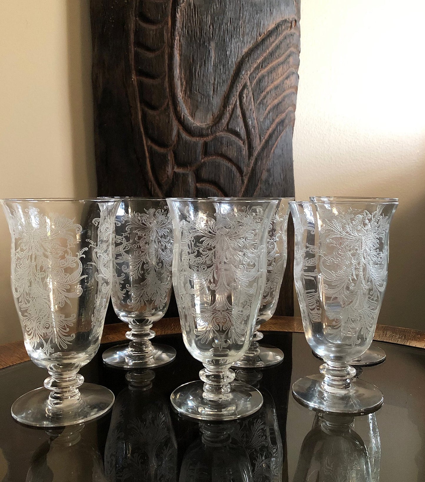 Juice / Water Glasses.  Tiffin's Byzantine  Pattern.  Five Small Etched Footed Tumblers.