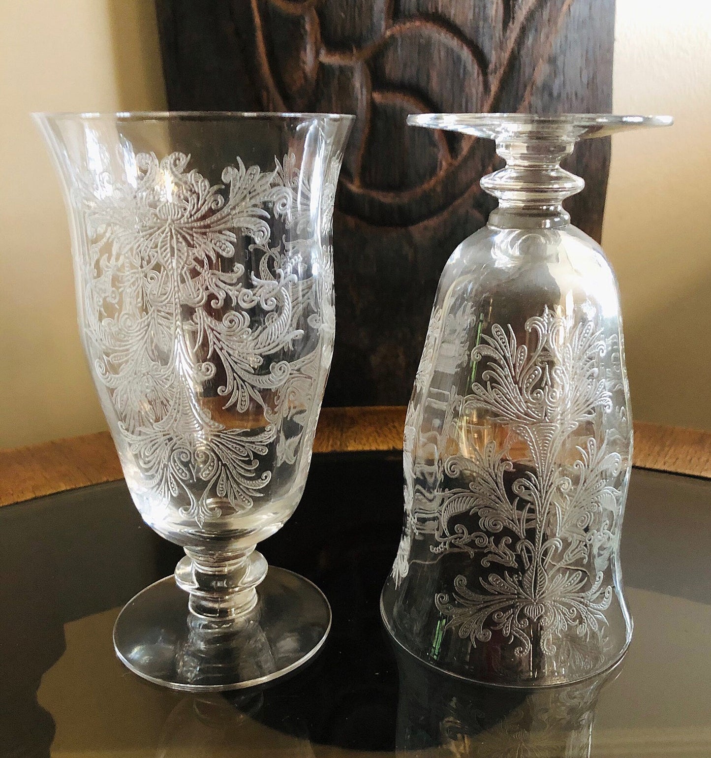 Juice / Water Glasses.  Tiffin's Byzantine  Pattern.  Five Small Etched Footed Tumblers.