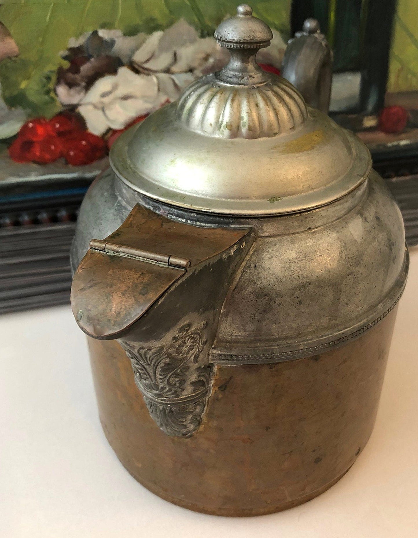 Antique Copper and Pewter Coffee Pot.    Manning Bowman Pot with Ornate Lid , Spout ,  and Handle.  Film or Photo Prop.