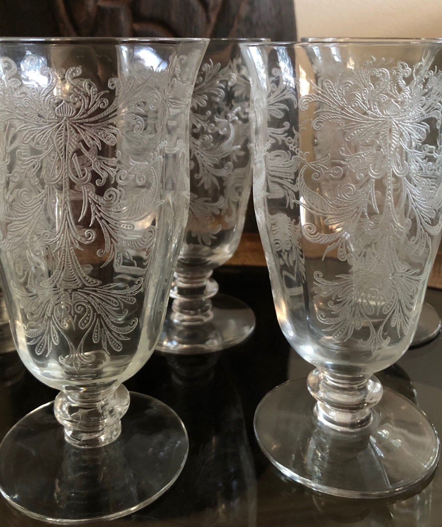 Juice / Water Glasses.  Tiffin's Byzantine  Pattern.  Five Small Etched Footed Tumblers.