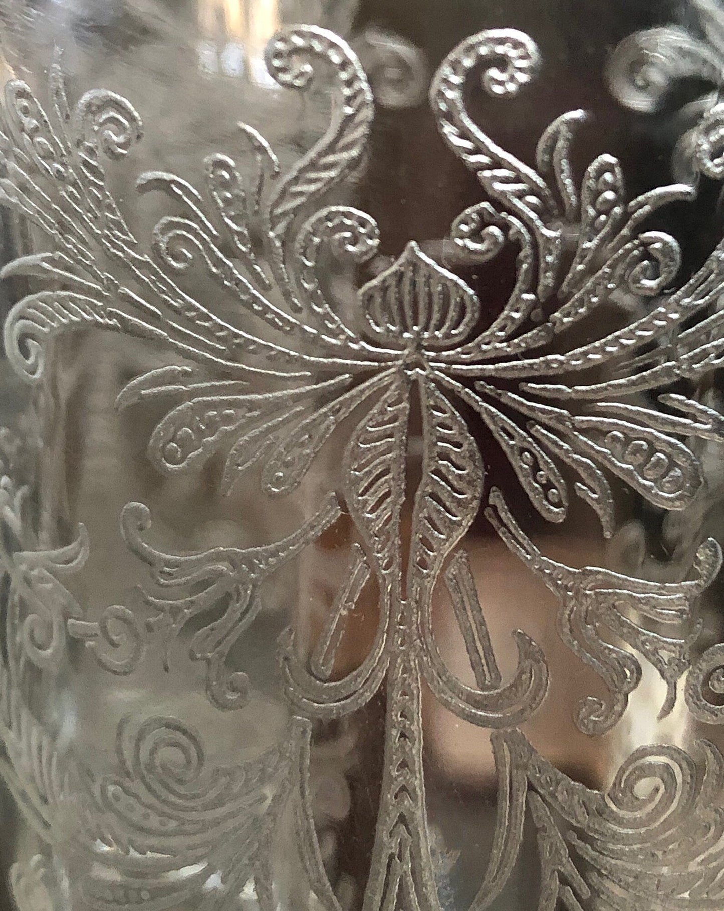 Juice / Water Glasses.  Tiffin's Byzantine  Pattern.  Five Small Etched Footed Tumblers.