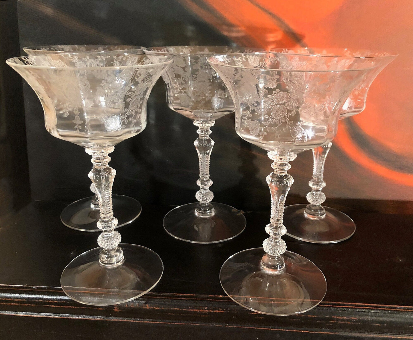 Cambridge Crystal Claret Wine Glasses. Rosepoint Motif. Eight Etched Floral Motif Crystal Glassware. Fine Dining. Holiday, Everyday Stemware