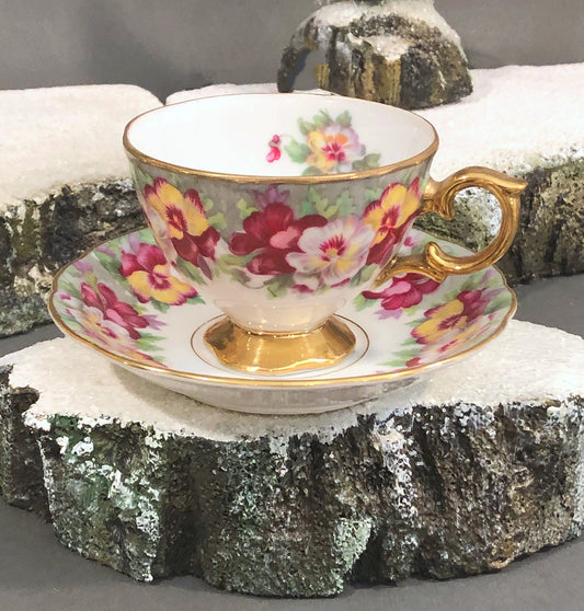 Vintage Cup & Saucer with Colorful Pansies by Royal Sealy. Dining Room Table Decor. Gift for Her Mom Tea Lover Connoisseur. French Country.