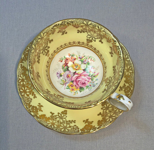 Vintage English Tea Cup by Grosvenor. Yellow Pink Gold Tea Party Set Made in England.