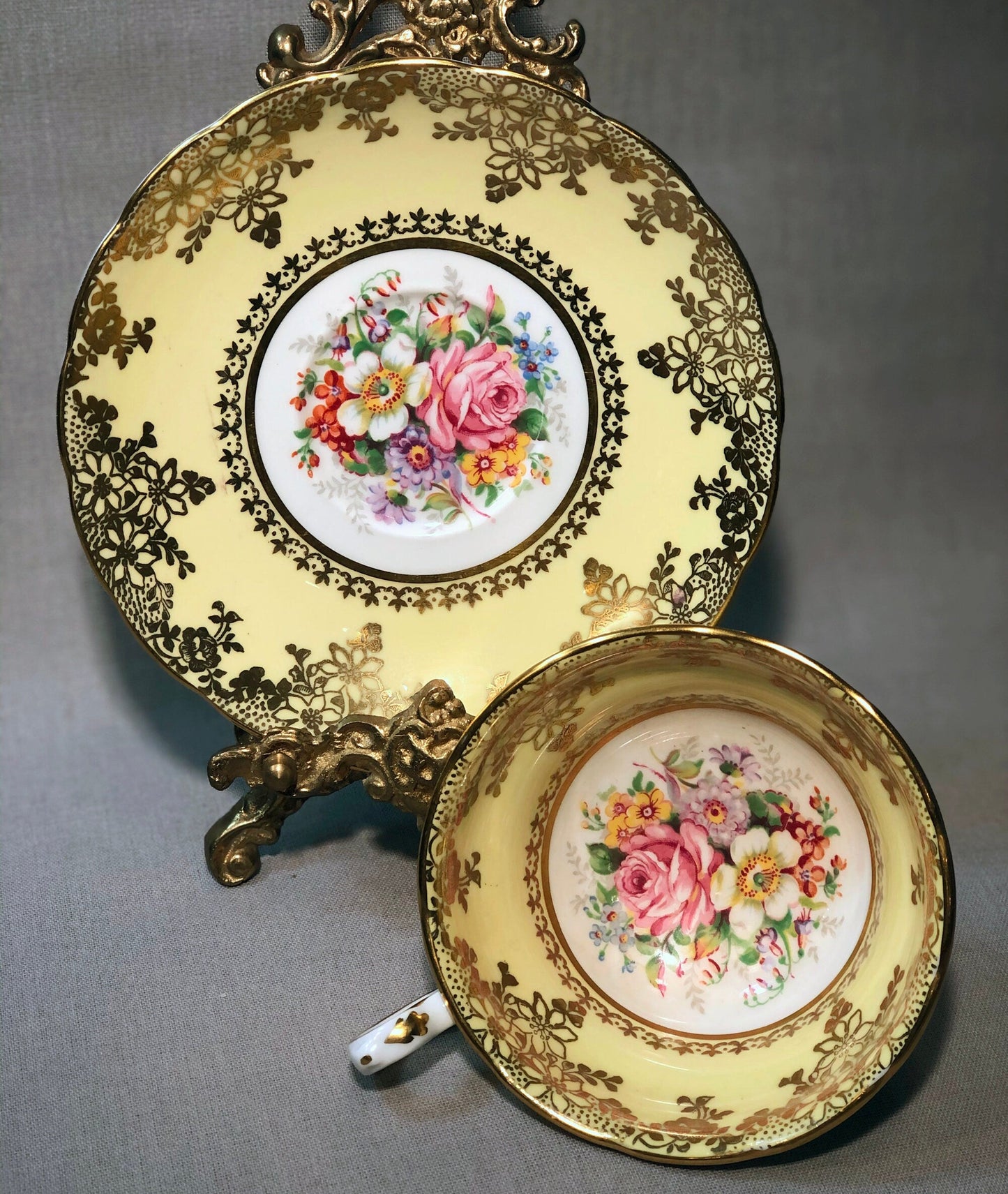 Vintage English Tea Cup by Grosvenor. Yellow Pink Gold Tea Party Set Made in England.
