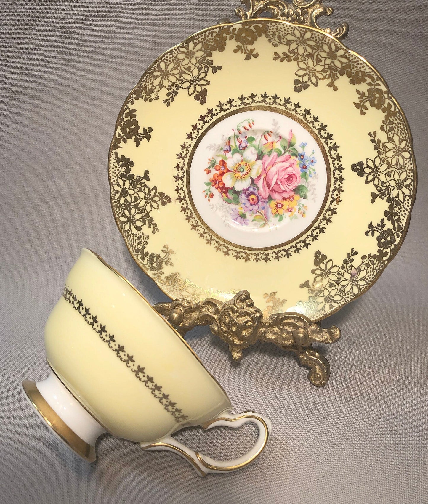 Vintage English Tea Cup by Grosvenor. Yellow Pink Gold Tea Party Set Made in England.
