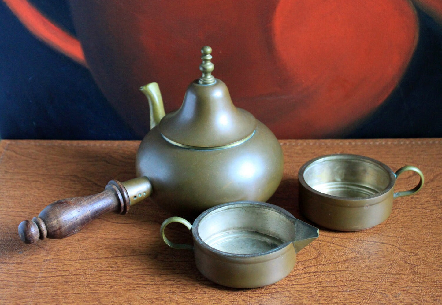 Copper Turkish Coffee Maker with Wooden Handle , Creamer , and a Cup. Gorgeous Cezve or Ibrik or Finjan. Unique Antique Beautiful Set.