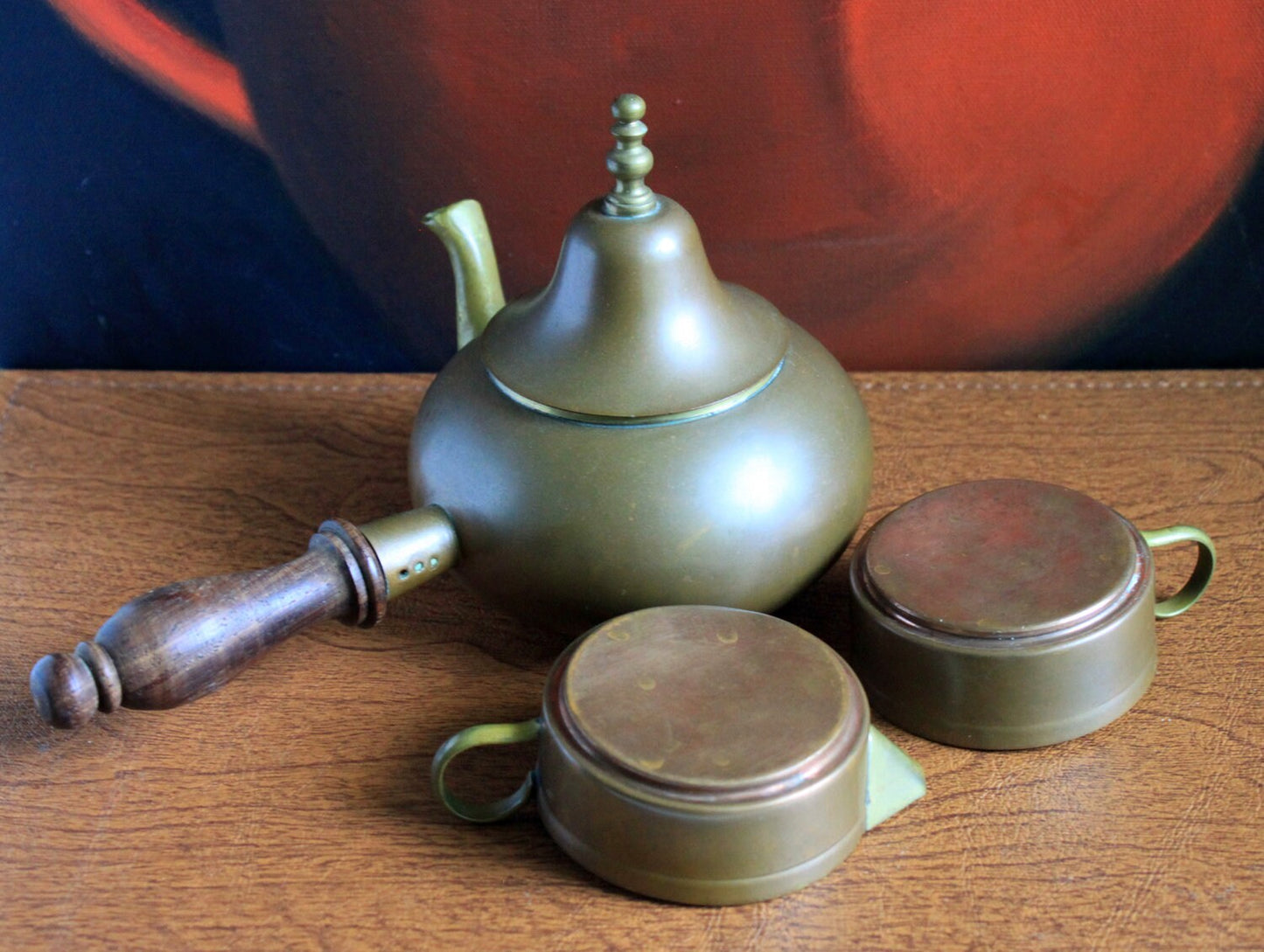 Copper Turkish Coffee Maker with Wooden Handle , Creamer , and a Cup. Gorgeous Cezve or Ibrik or Finjan. Unique Antique Beautiful Set.