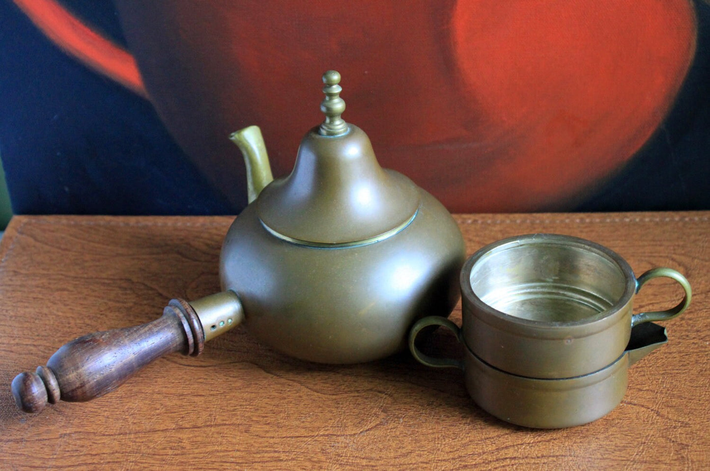 Copper Turkish Coffee Maker with Wooden Handle , Creamer , and a Cup. Gorgeous Cezve or Ibrik or Finjan. Unique Antique Beautiful Set.
