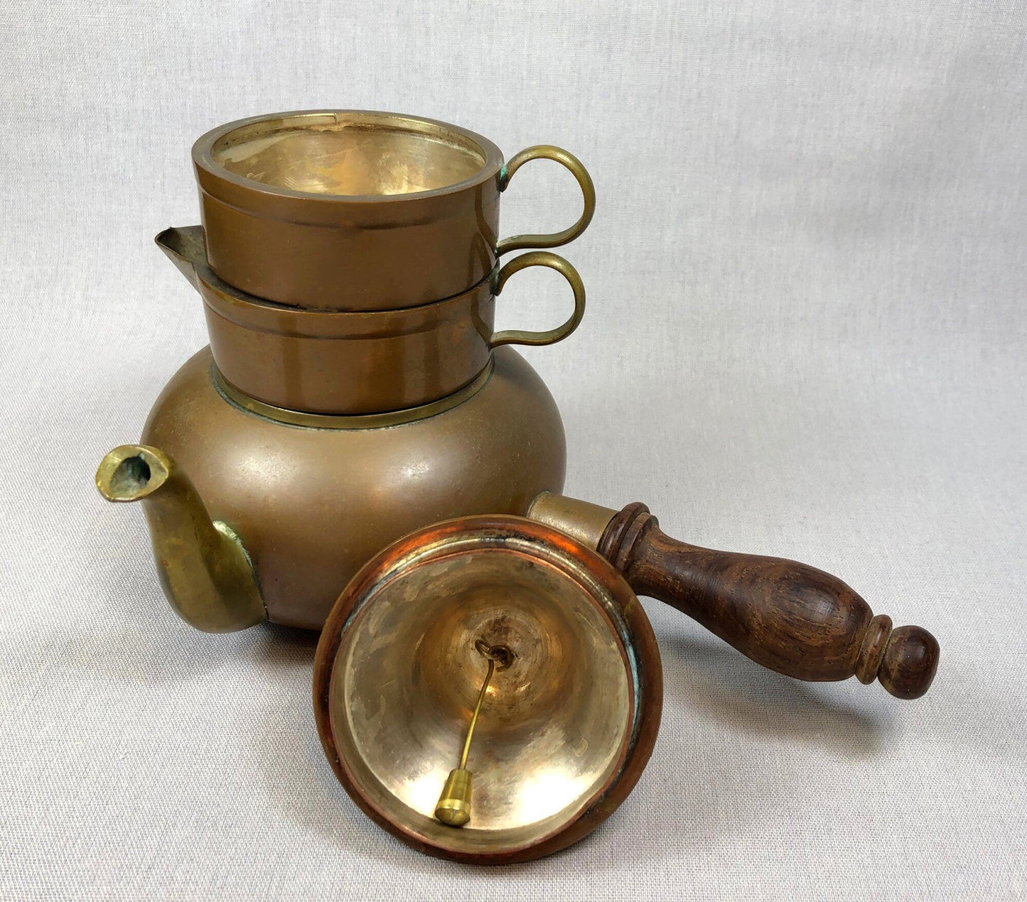 Copper Turkish Coffee Maker with Wooden Handle , Creamer , and a Cup. Gorgeous Cezve or Ibrik or Finjan. Unique Antique Beautiful Set.