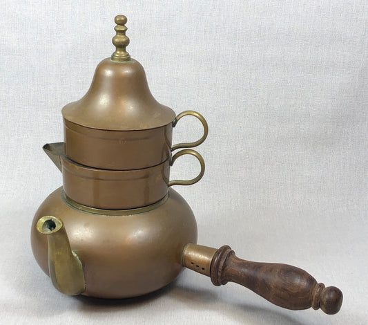 Copper Turkish Coffee Maker with Wooden Handle , Creamer , and a Cup. Gorgeous Cezve or Ibrik or Finjan. Unique Antique Beautiful Set.