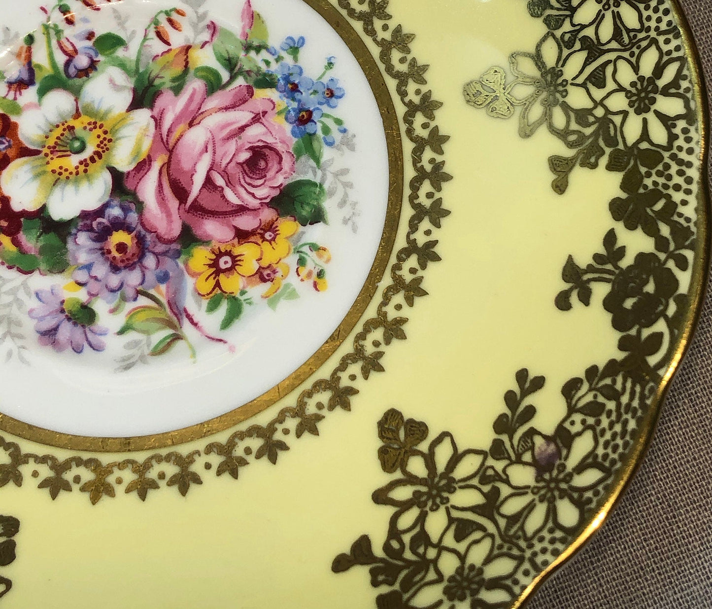 Vintage English Tea Cup by Grosvenor. Yellow Pink Gold Tea Party Set Made in England.