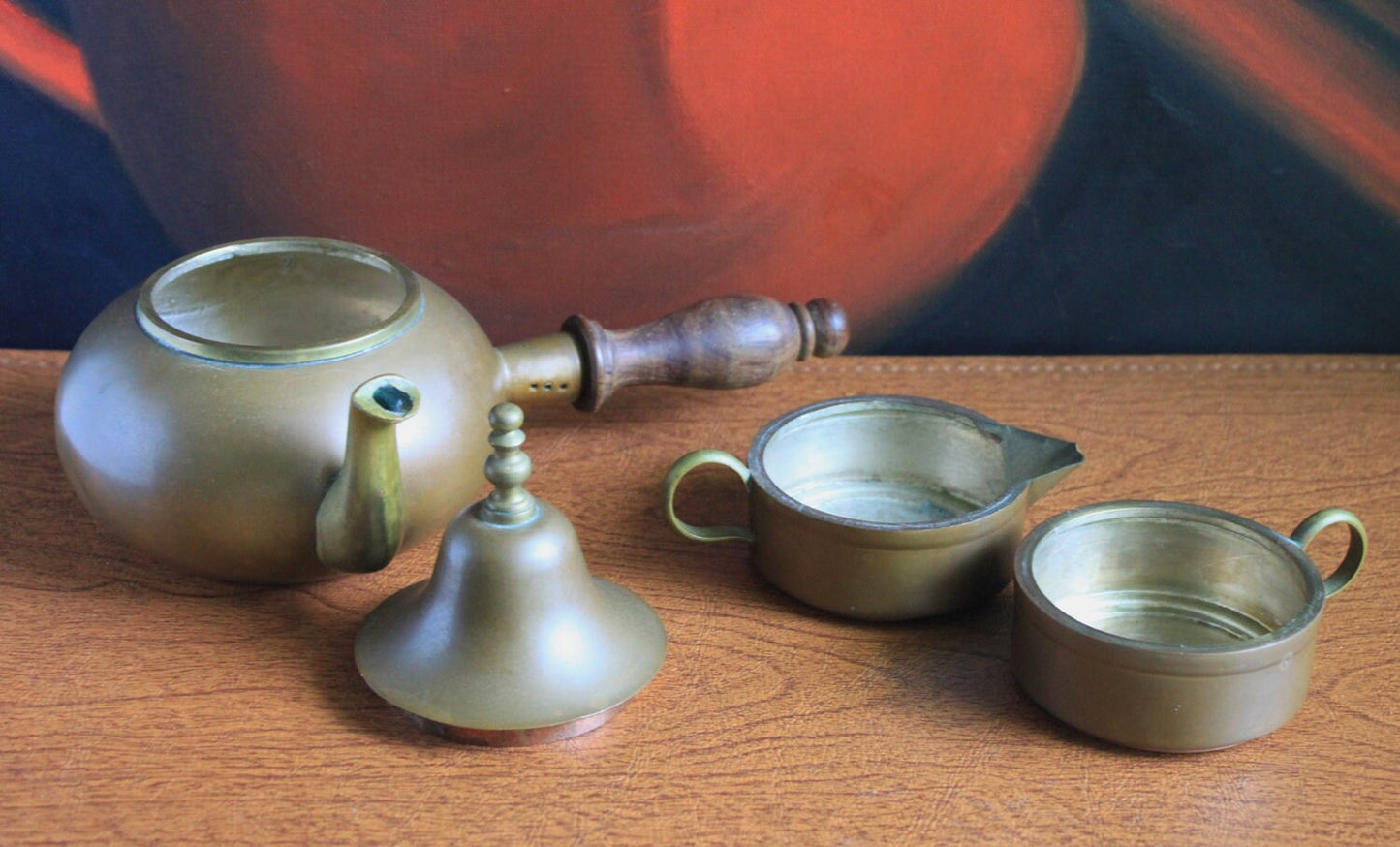 Copper Turkish Coffee Maker with Wooden Handle , Creamer , and a Cup. Gorgeous Cezve or Ibrik or Finjan. Unique Antique Beautiful Set.
