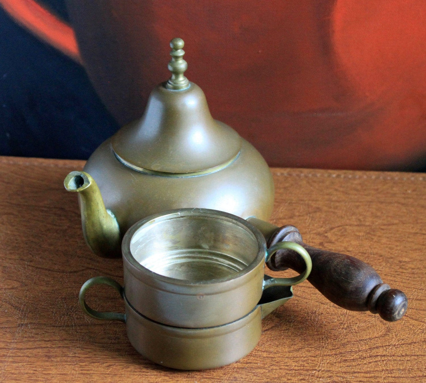 Copper Turkish Coffee Maker with Wooden Handle , Creamer , and a Cup. Gorgeous Cezve or Ibrik or Finjan. Unique Antique Beautiful Set.