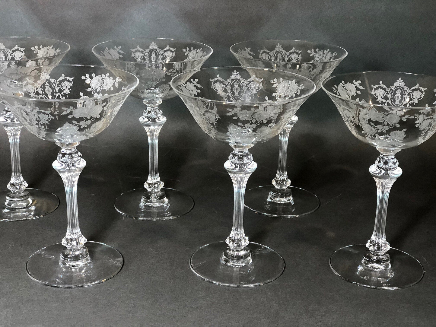 Vintage Wine/Water Goblets. Cut Crystal Tall Stemware.  Daisy Garland Motif.  Set of Ten Glasses