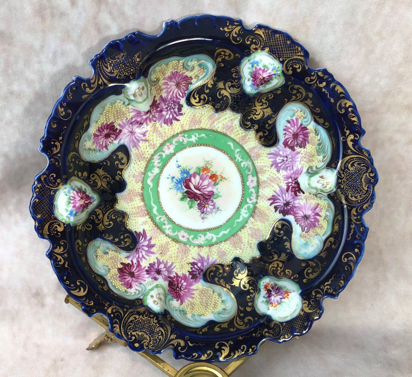 Bowl with Stand. Antique Intricate Hand Decorated Large Dish with Scalloped Rim and 22 Karat Gold Elements.