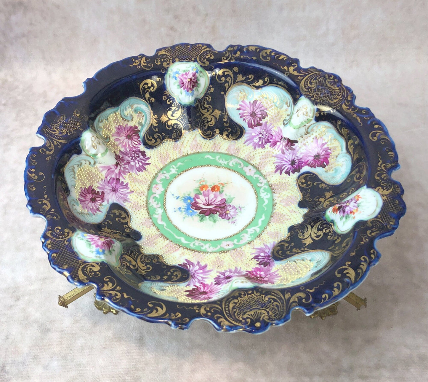 Bowl with Stand. Antique Intricate Hand Decorated Large Dish with Scalloped Rim and 22 Karat Gold Elements.