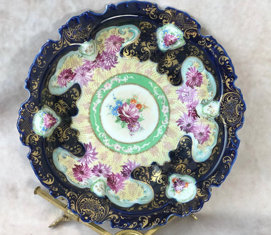 Bowl with Stand. Antique Intricate Hand Decorated Large Dish with Scalloped Rim and 22 Karat Gold Elements.