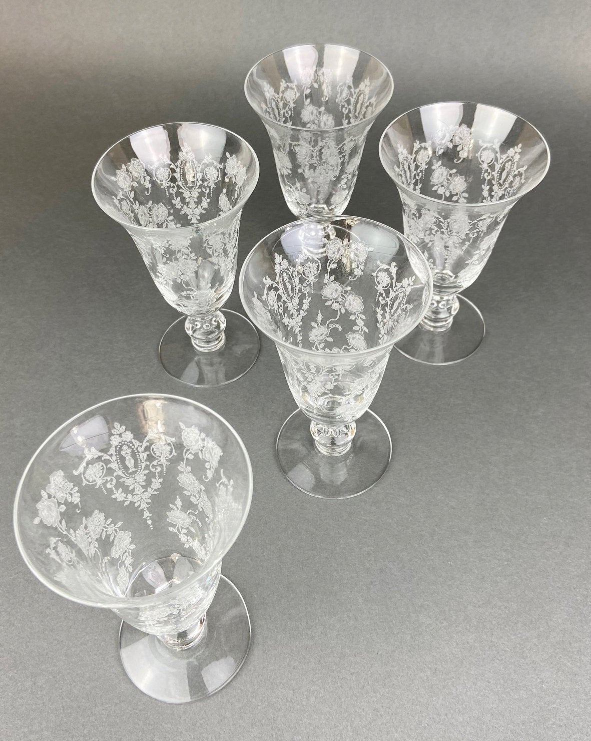 Tiffin Franciscan Juice Stemware with Etched Beautiful Cherokee Rose Pattern. Set of Five Juice or Water Glasses.