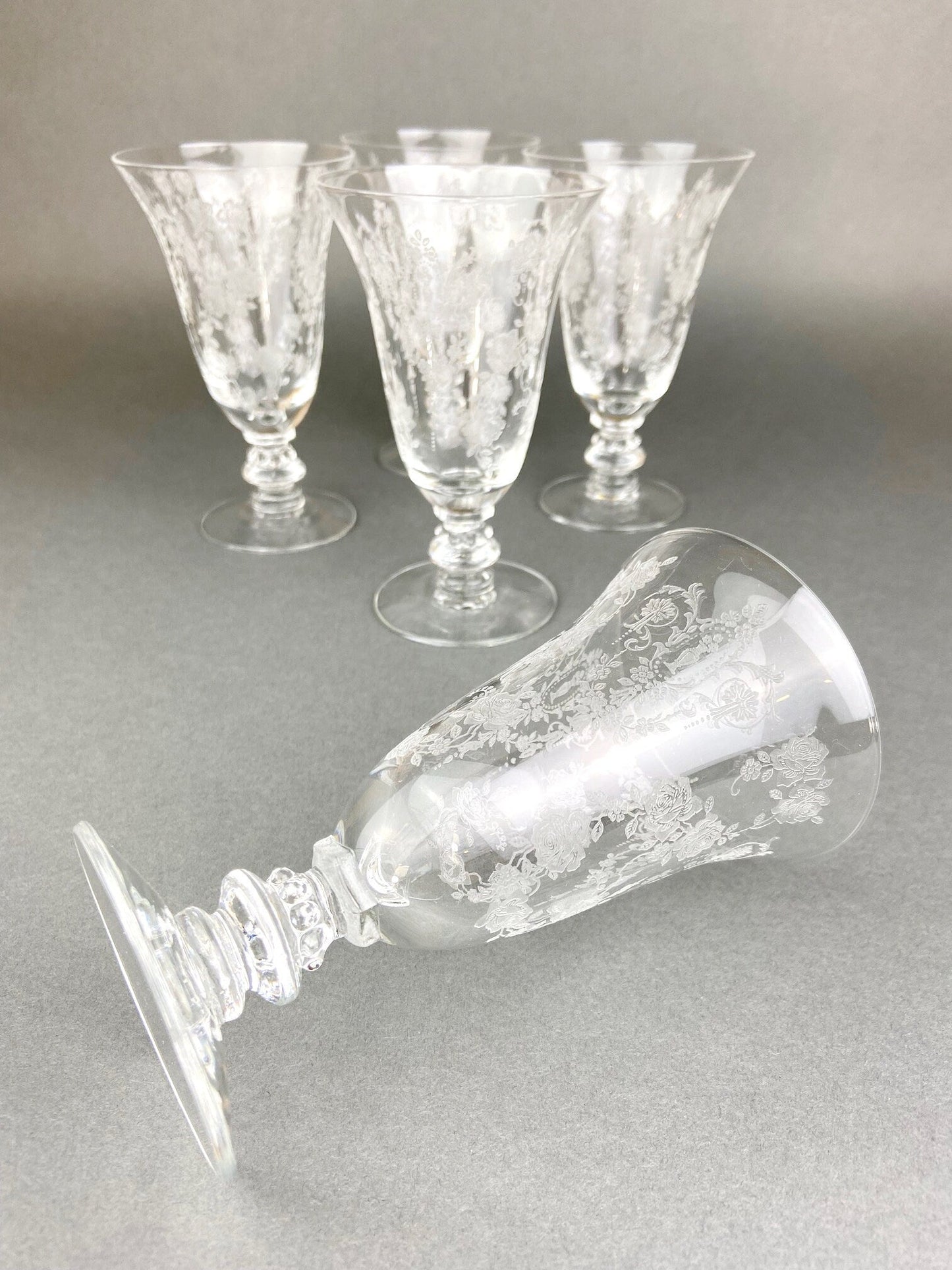 Tiffin Franciscan Juice Stemware with Etched Beautiful Cherokee Rose Pattern. Set of Five Juice or Water Glasses.