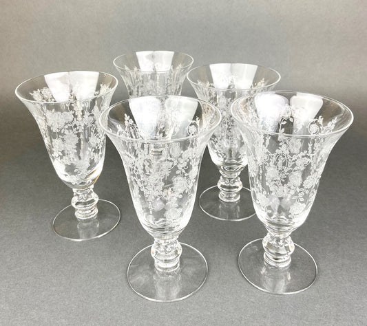 Tiffin Franciscan Juice Stemware with Etched Beautiful Cherokee Rose Pattern. Set of Five Juice or Water Glasses.