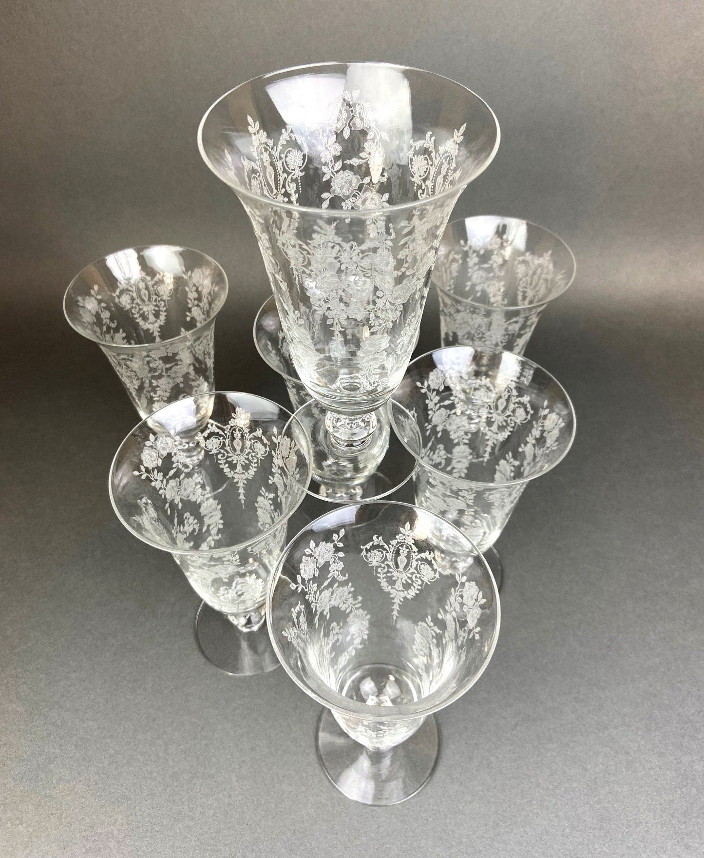 Antique Tiffin Franciscan Water Goblets , Cherokee Rose Pattern , Set of 7.