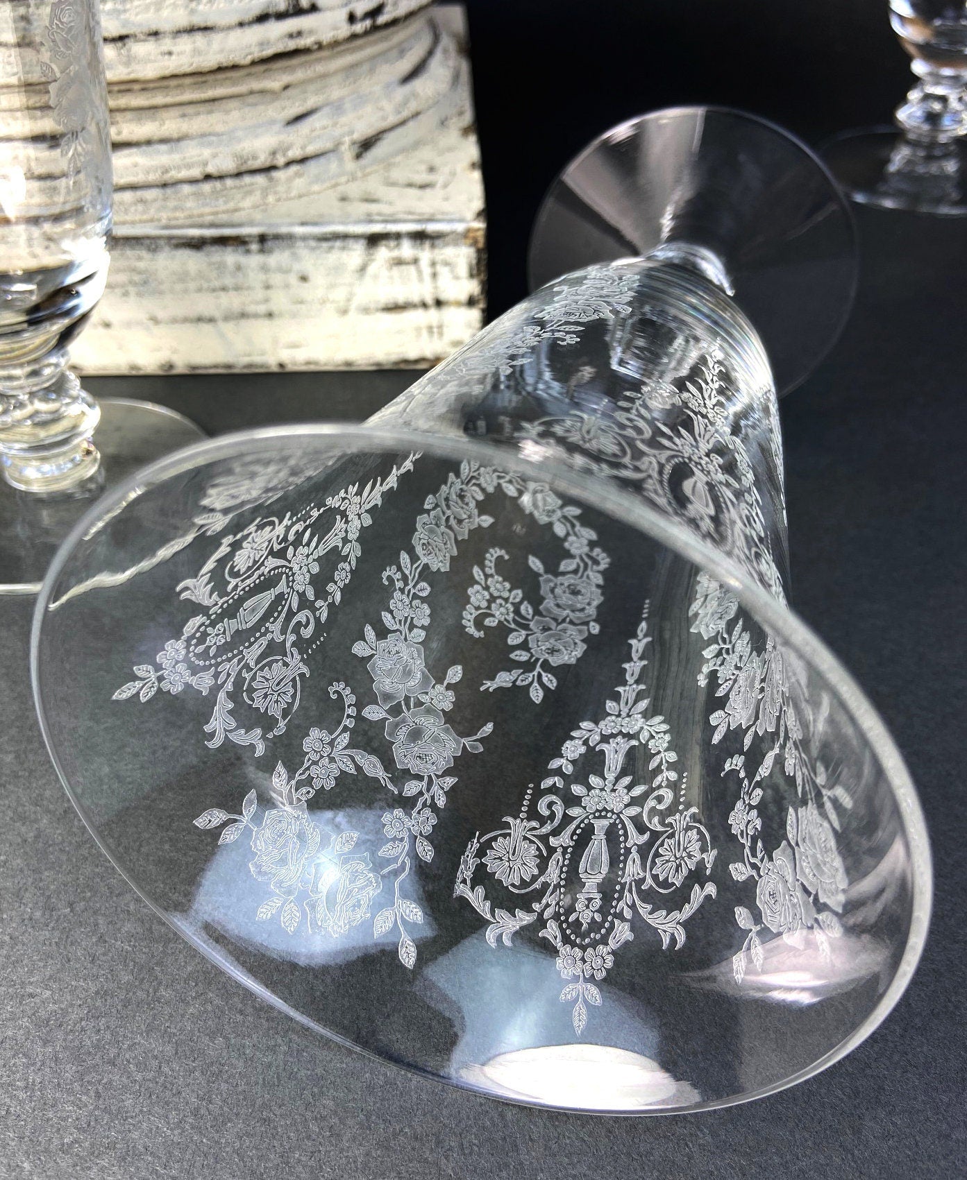 Antique Tiffin Franciscan Water Goblets , Cherokee Rose Pattern , Set of 7.