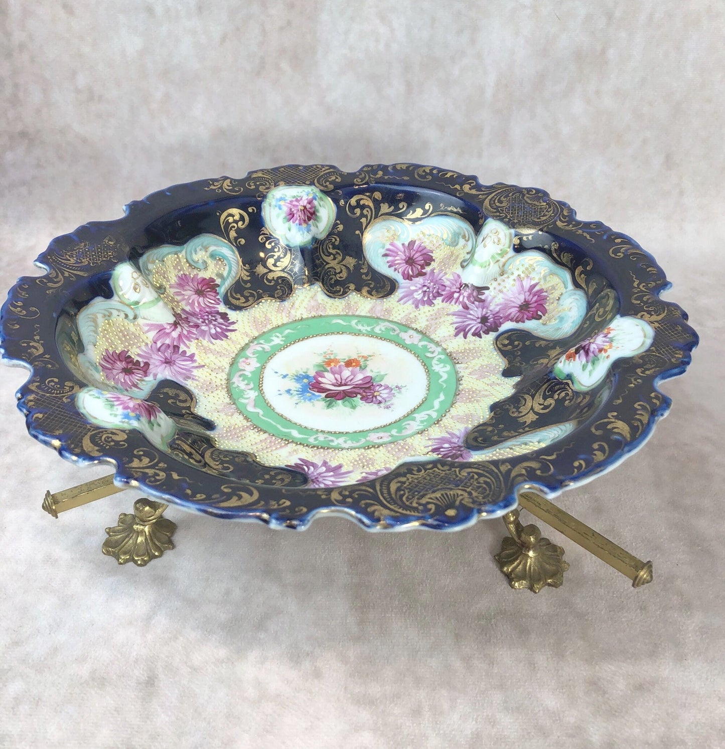 Bowl with Stand. Antique Intricate Hand Decorated Large Dish with Scalloped Rim and 22 Karat Gold Elements.