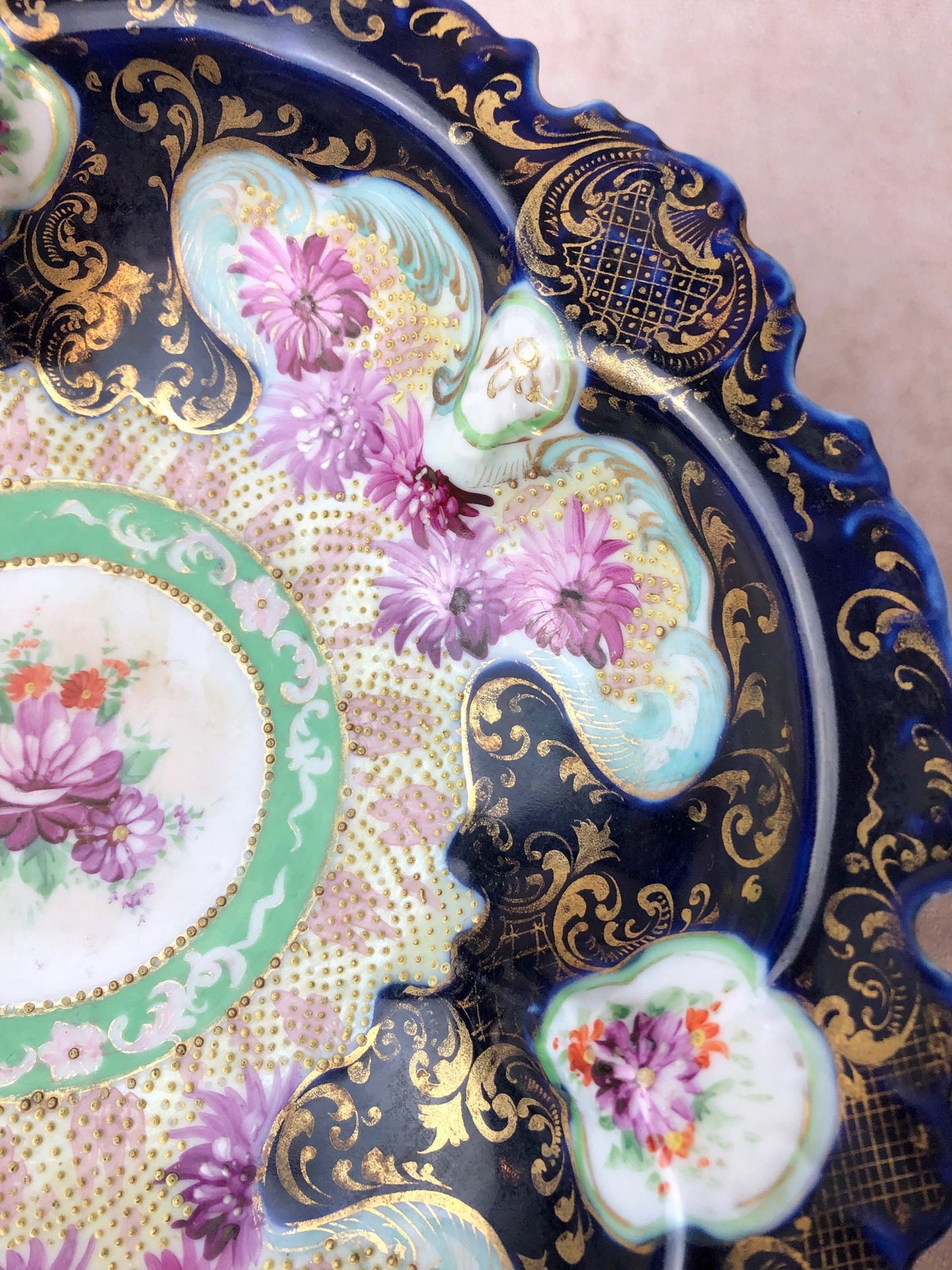 Bowl with Stand. Antique Intricate Hand Decorated Large Dish with Scalloped Rim and 22 Karat Gold Elements.