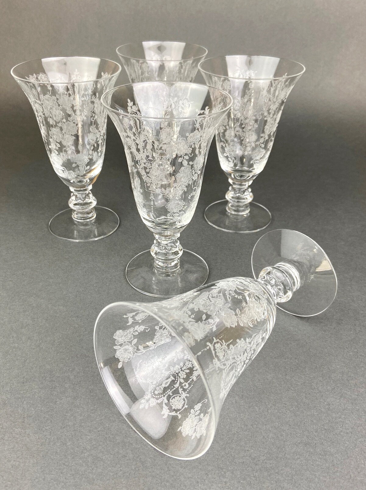 Tiffin Franciscan Juice Stemware with Etched Beautiful Cherokee Rose Pattern. Set of Five Juice or Water Glasses.