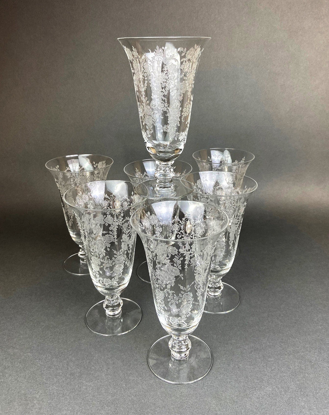 Antique Tiffin Franciscan Water Goblets , Cherokee Rose Pattern , Set of 7.