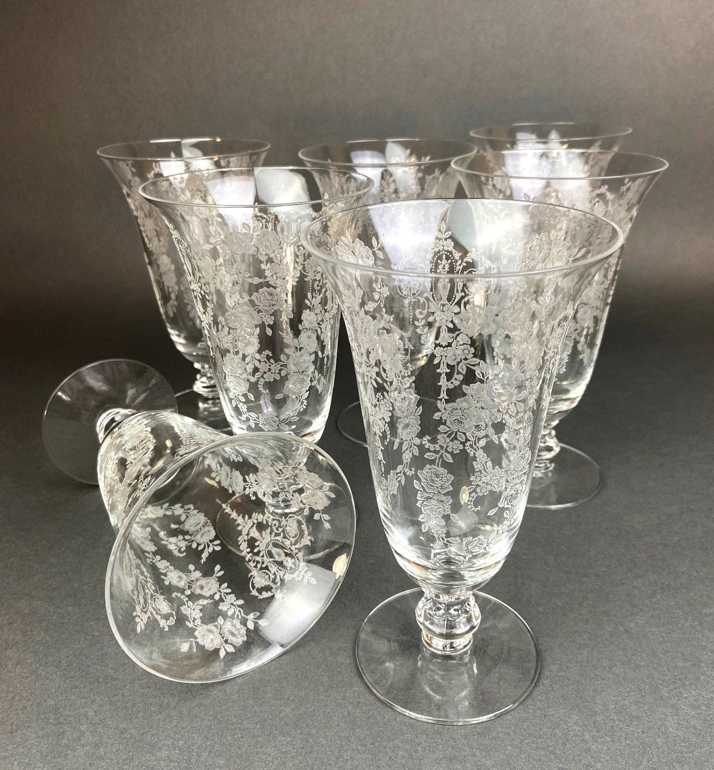 Antique Tiffin Franciscan Water Goblets , Cherokee Rose Pattern , Set of 7.