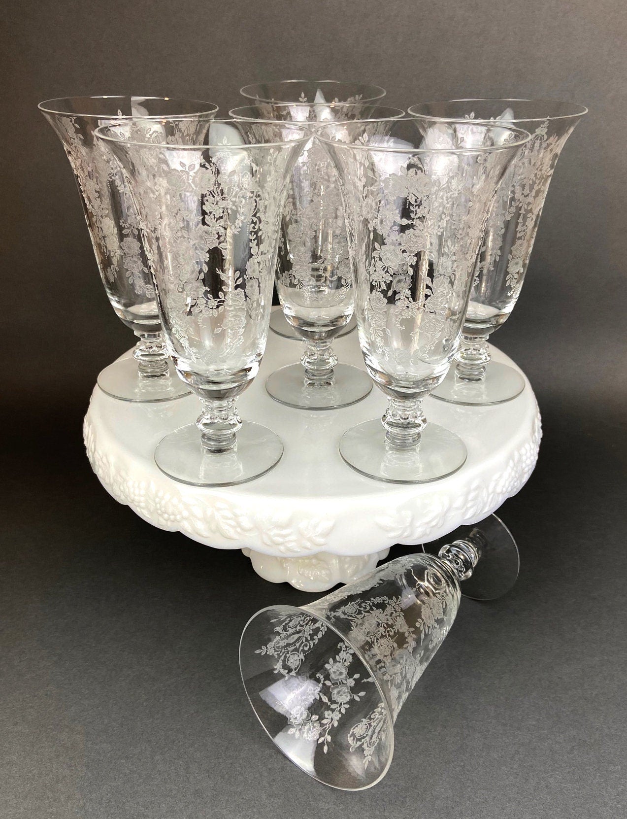 Antique Tiffin Franciscan Water Goblets , Cherokee Rose Pattern , Set of 7.