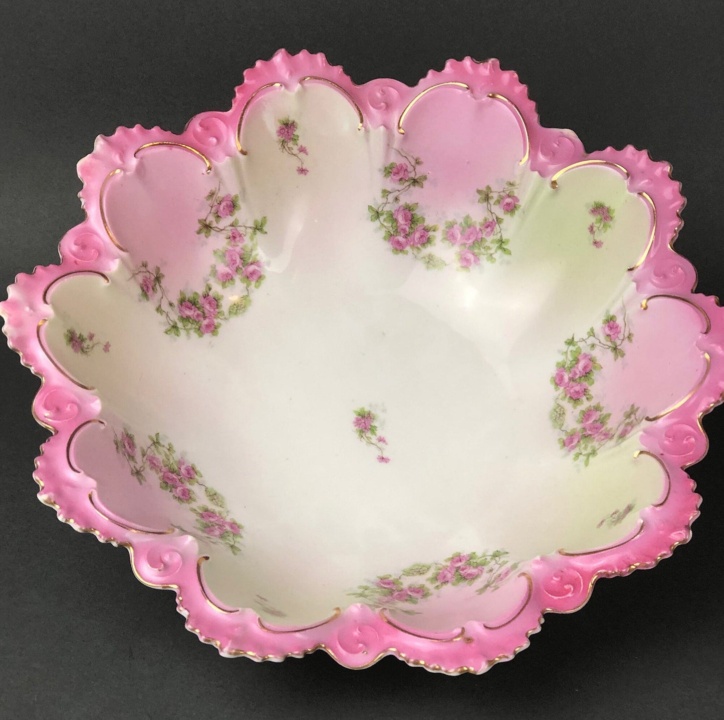 Antique M.Z. Austria Bowl: Hand-Decorated Roses, Scalloped Rim