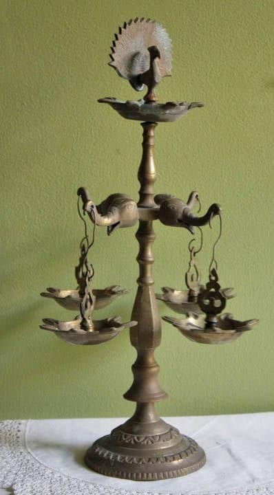 Traditional Diya Oil Lamp. 15" Antique Brass Oil Lamp with Five Burners and Hand Crafted Elephants and Peacocks.