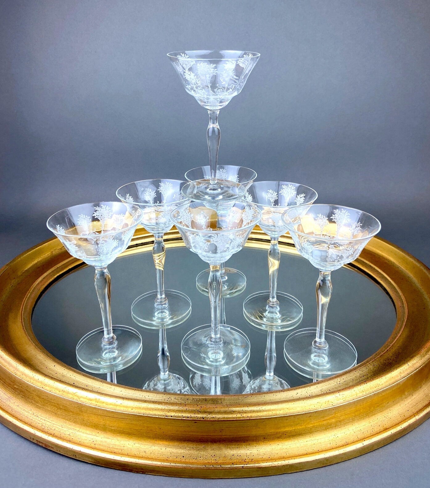 Morgantown Mayfair Etched Glasses, Liquoir or Coctail, Vintage Glass.  Set of Eight Stemware.