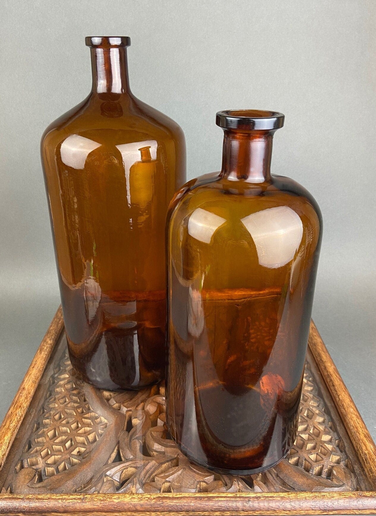 Vintage, Extra Large Apothecary Bottles. Italian, Boric Acid & Sodium Bicarbonate Jars with Brass Caps. Set of Two Apothecary Jars.