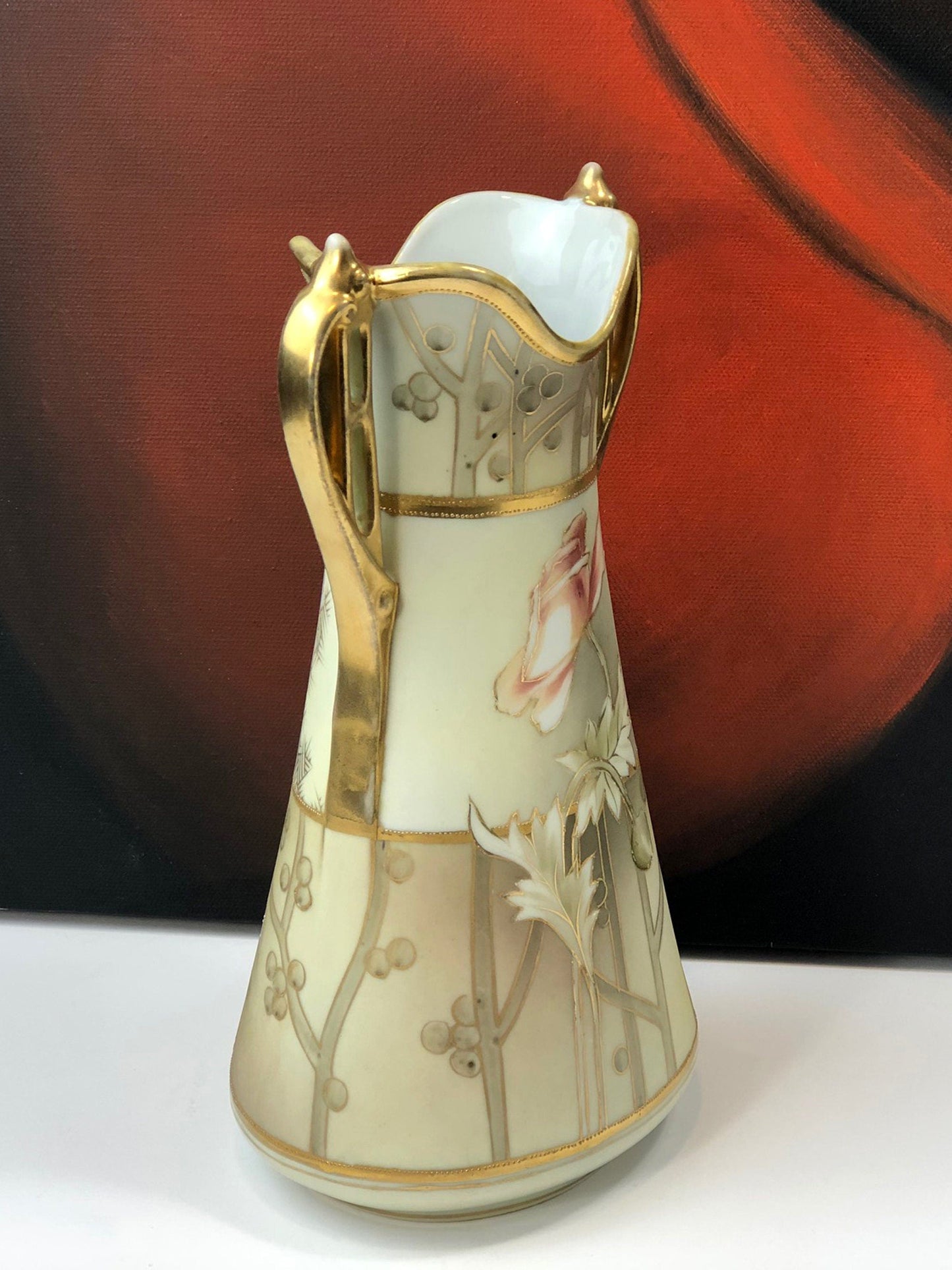 Hand Painted Art Nouveau Vase by Nippon. Antique Vase Made in Japan, Champagne Gold Pink Cream Colors.