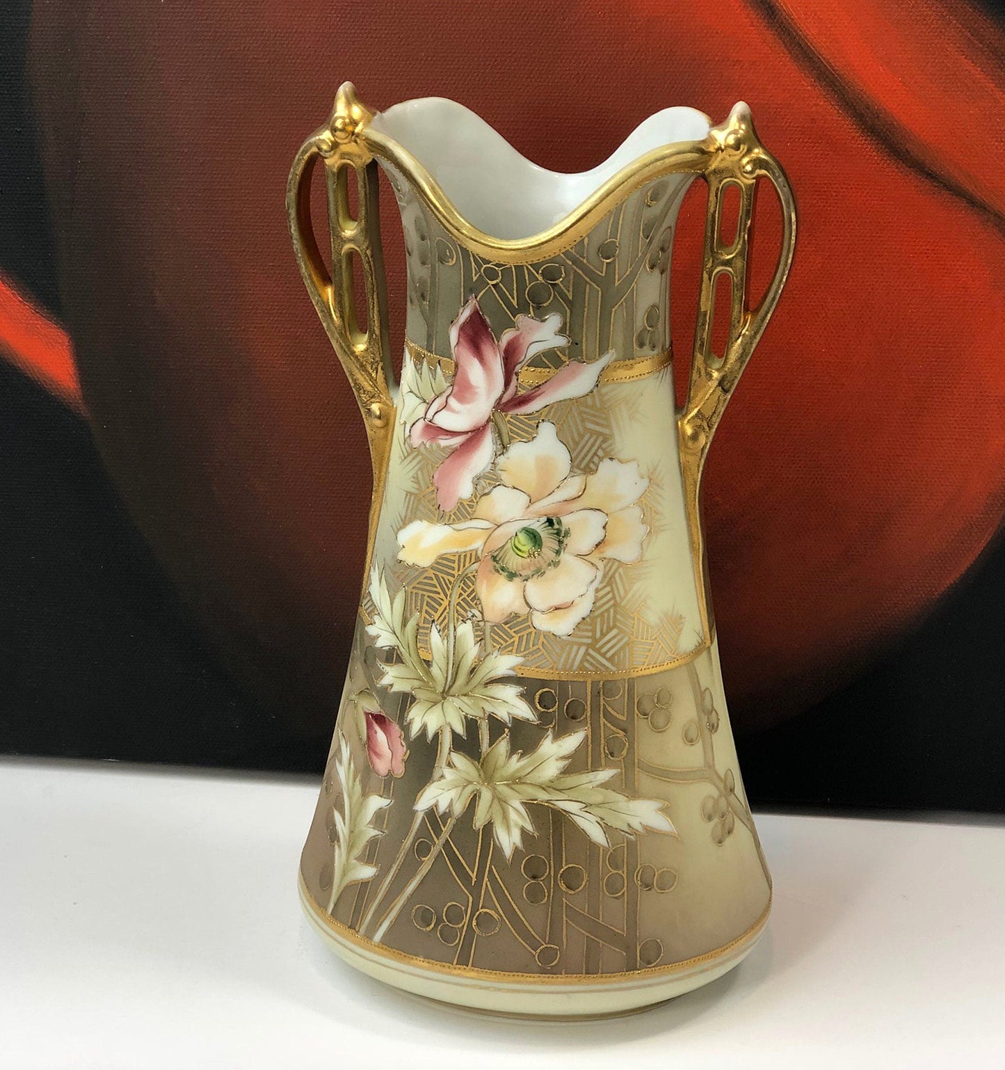 Hand Painted Art Nouveau Vase by Nippon. Antique Vase Made in Japan, Champagne Gold Pink Cream Colors.