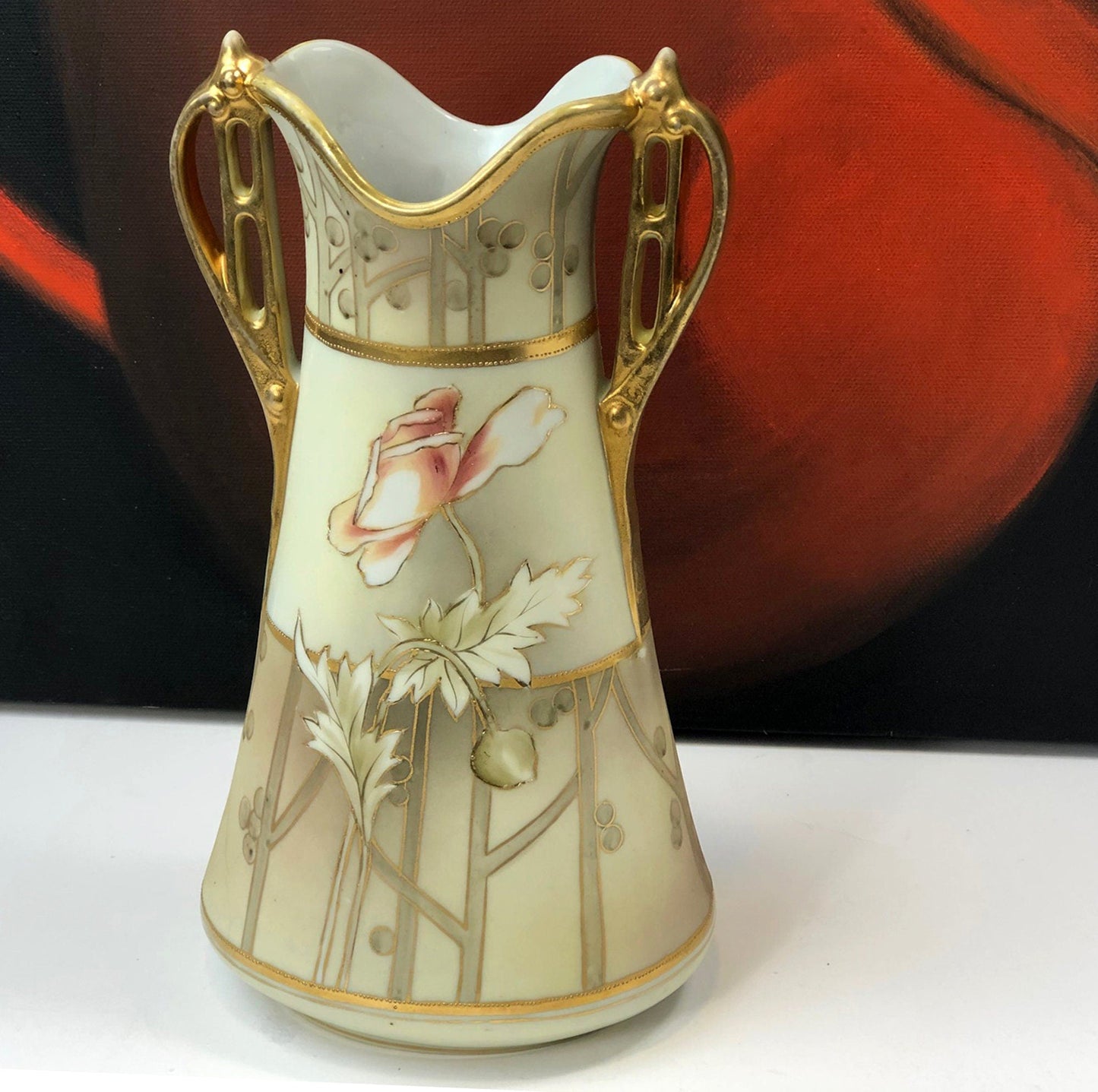 Hand Painted Art Nouveau Vase by Nippon. Antique Vase Made in Japan, Champagne Gold Pink Cream Colors.