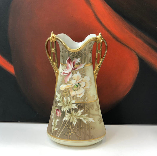 Hand Painted Art Nouveau Vase by Nippon. Antique Vase Made in Japan, Champagne Gold Pink Cream Colors.