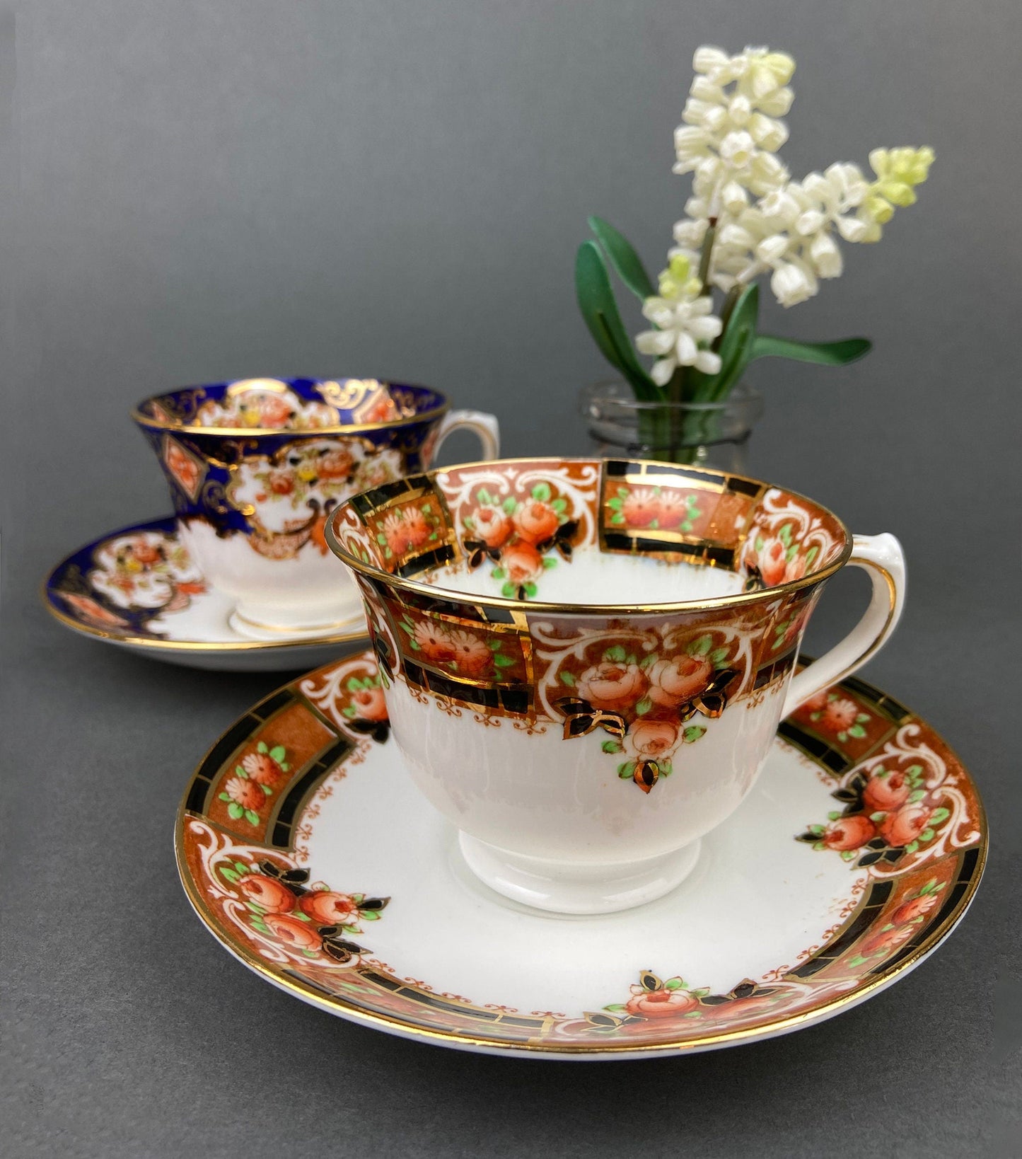 Set of Two Tea Cups and Saucers. Hand Painted Royal Albert Crown China and Salon China Richmond. Made in England.