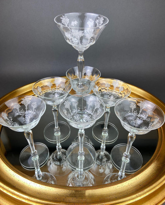 Morgantown Mayfair Etched Glasses, Liquoir or Coctail, Vintage Glass.  Set of Eight Stemware.