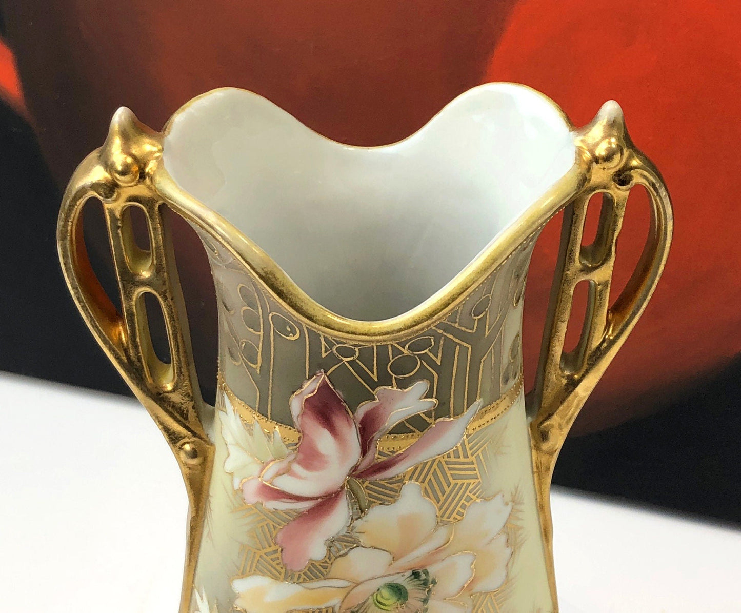 Hand Painted Art Nouveau Vase by Nippon. Antique Vase Made in Japan, Champagne Gold Pink Cream Colors.