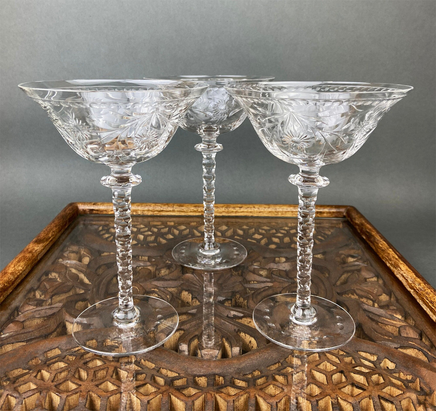 Vintage Crystal Wine or Juice Goblets.  Bohemia Crystal by Crystal-ex.  Queen's Lace Motif.  Set of Six Etched Stem Glasses.