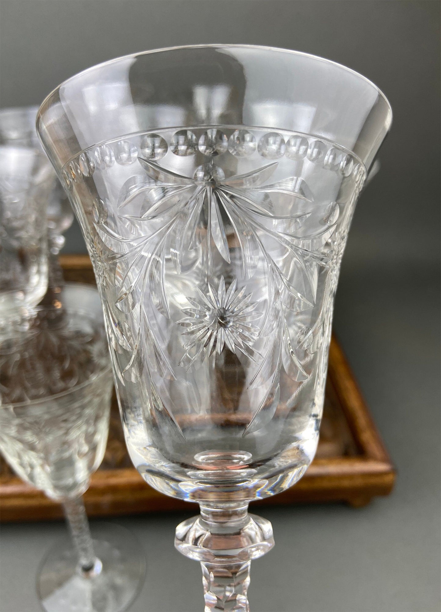 Vintage Wine/Water Goblets. Cut Crystal Tall Stemware.  Daisy Garland Motif.  Set of Ten Glasses