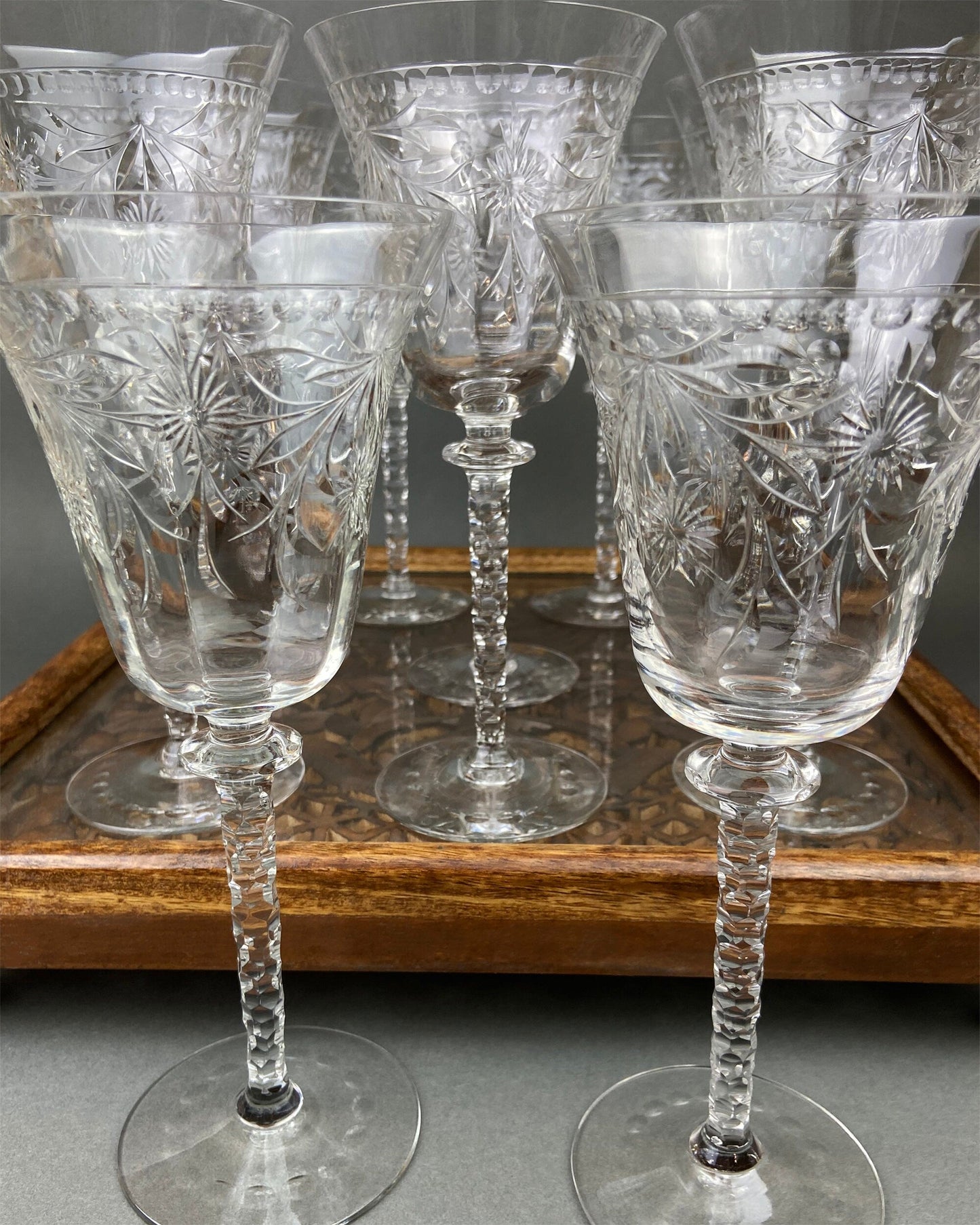 Vintage Wine/Water Goblets. Cut Crystal Tall Stemware.  Daisy Garland Motif.  Set of Ten Glasses
