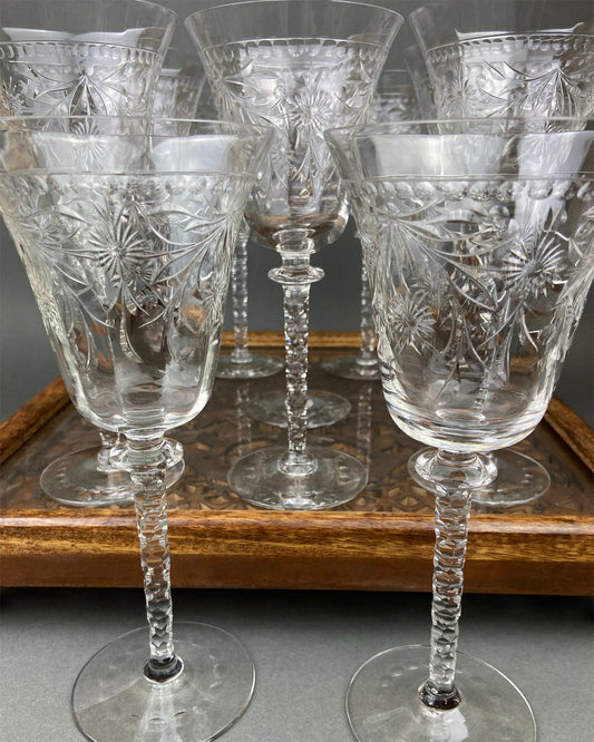 Vintage Wine/Water Goblets. Cut Crystal Tall Stemware.  Daisy Garland Motif.  Set of Ten Glasses